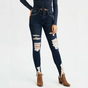 American Eagle Ripped Super High Rise Jegging Jeans Raw Hem Stretch X4  Size 0